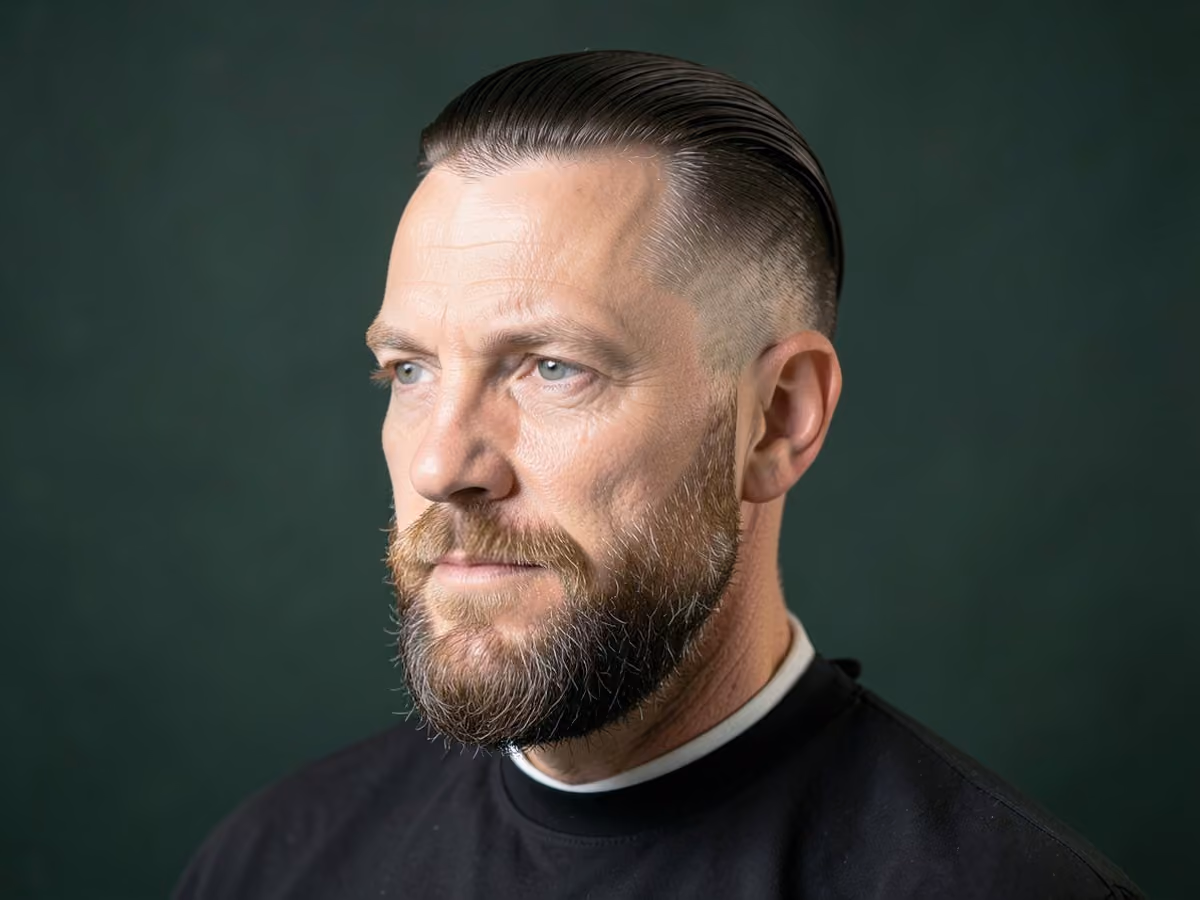 Man with a long slick back with short sides