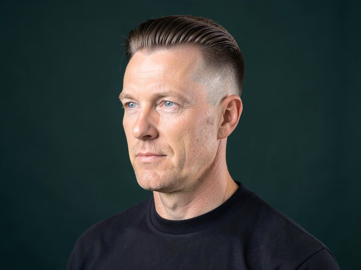 Man with a long top low fade