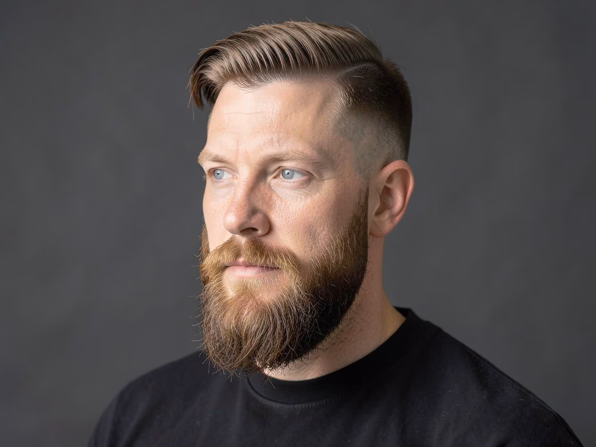 Man with a long top mid skin fade