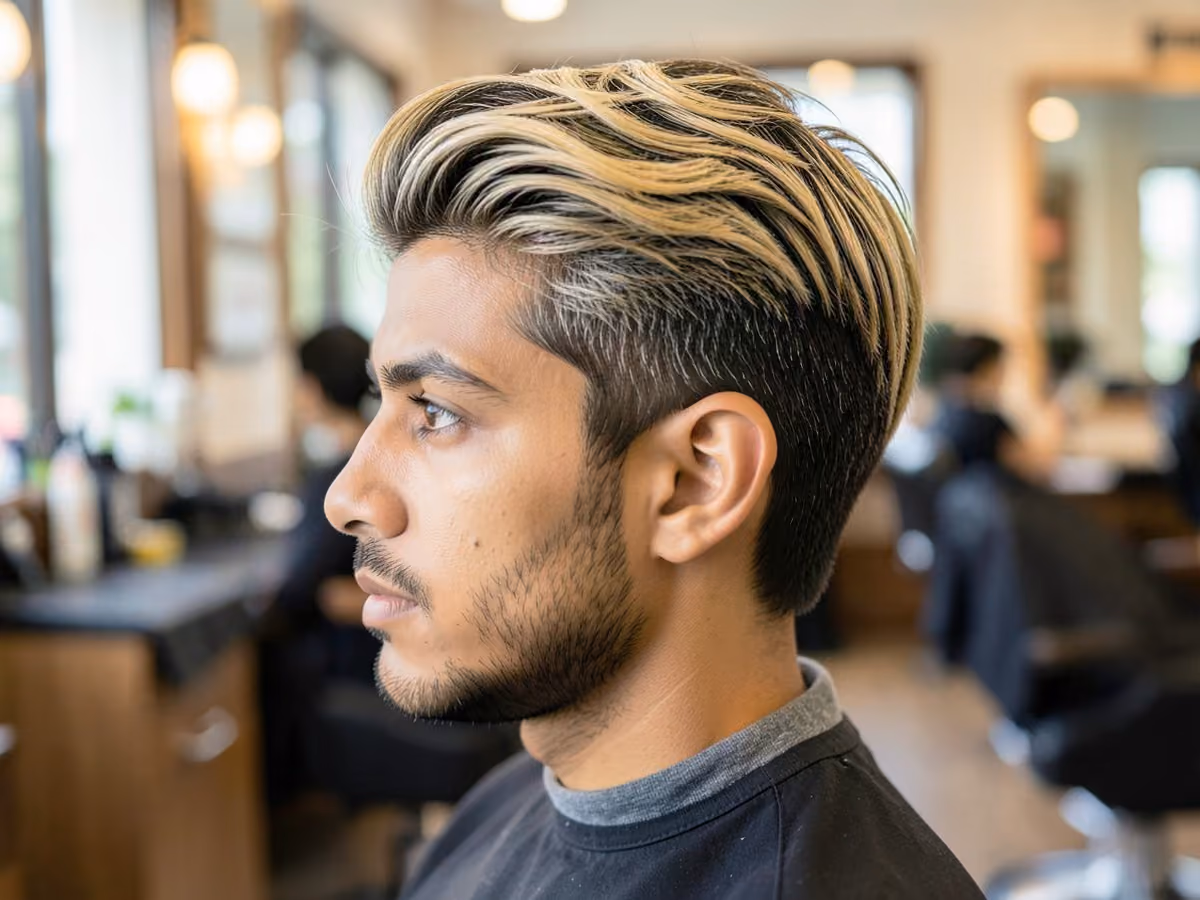 Man with a long top with blonde highlights