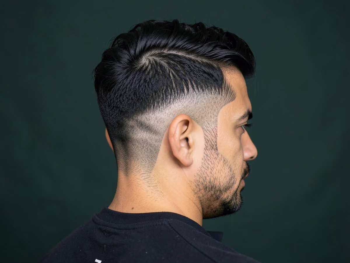 Man with a long top with burst fade