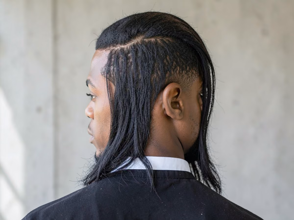 Man with a long top with mullet back