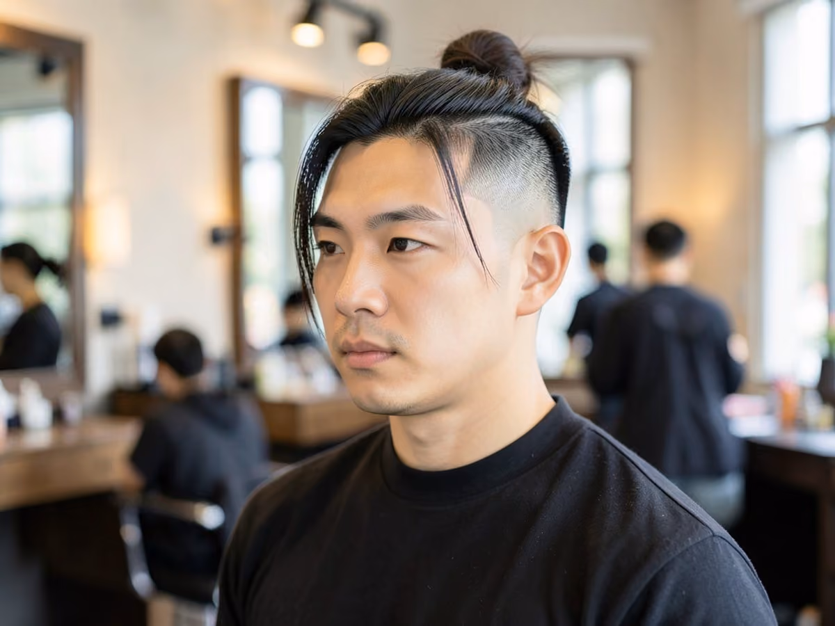 Man with a man bun with short sides haircut