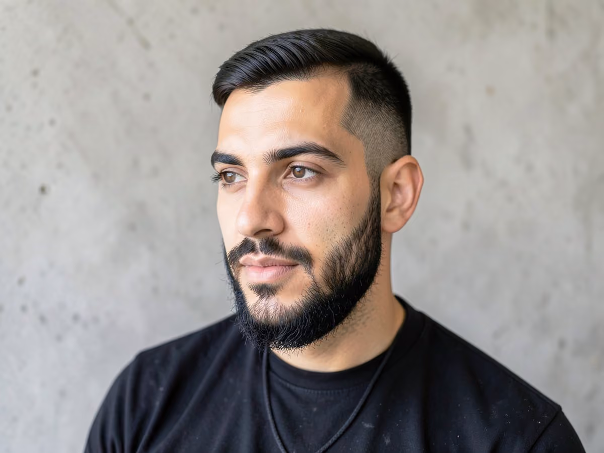 Man with an angled sideburns haircut