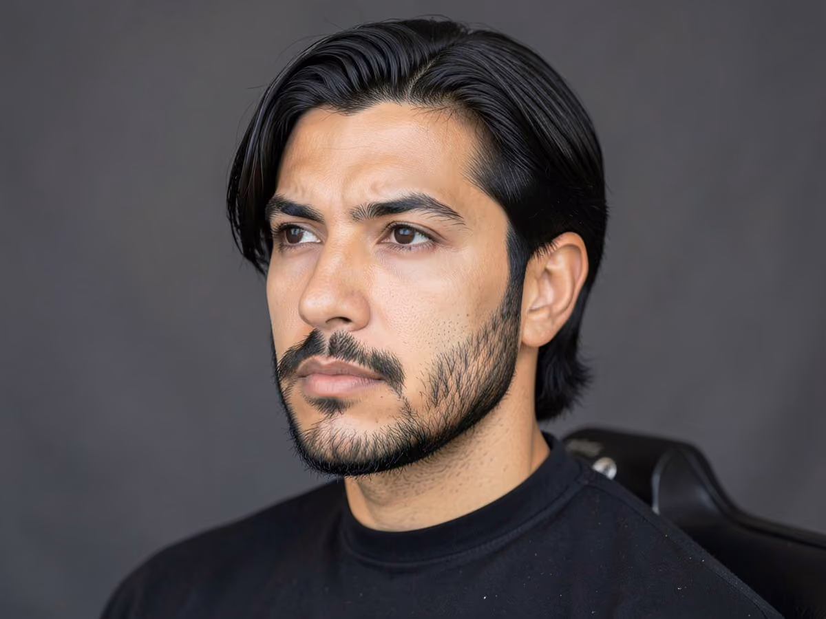 Man with a flared sideburns haircut
