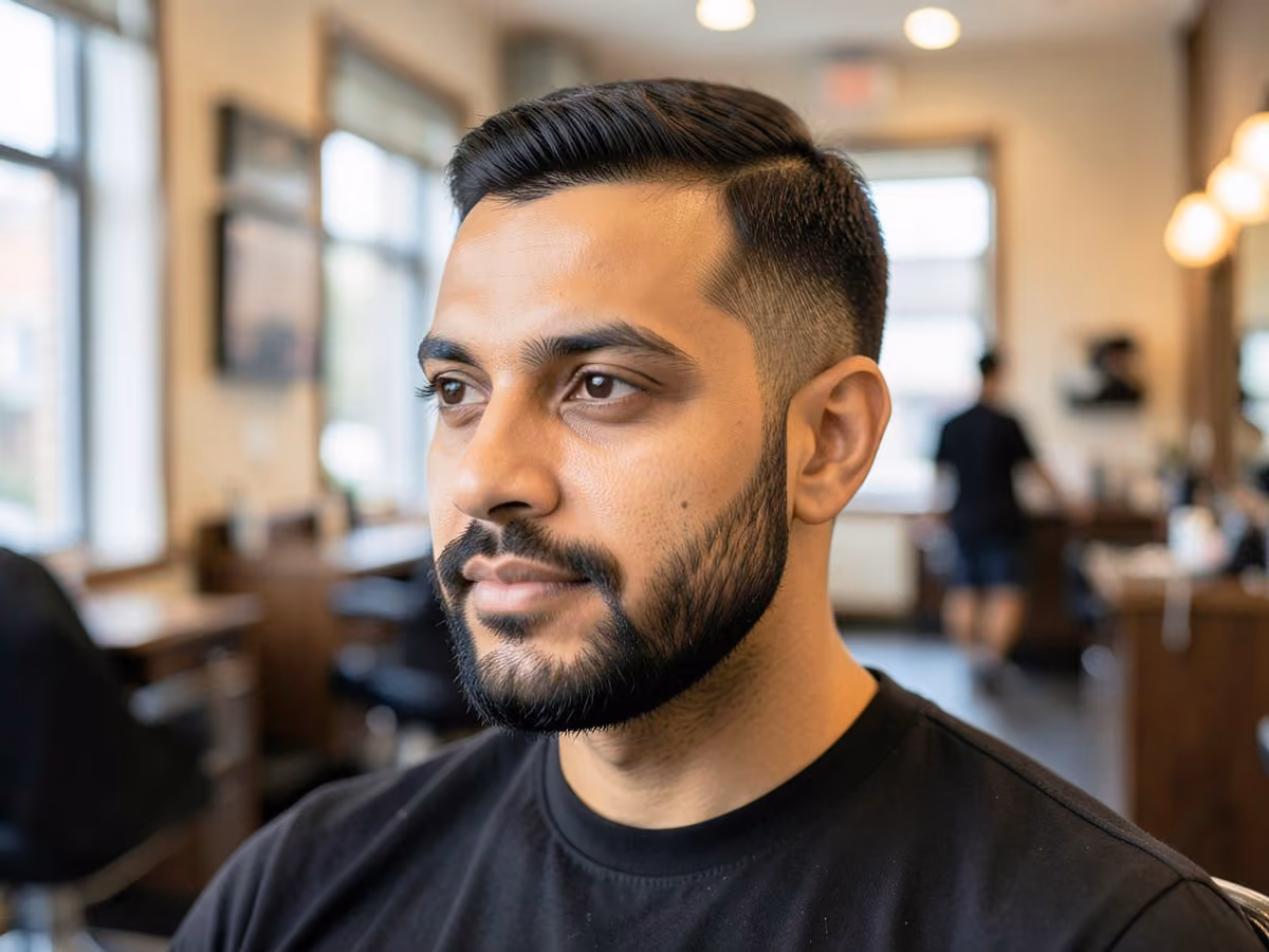 Man with a medium sideburns haircut