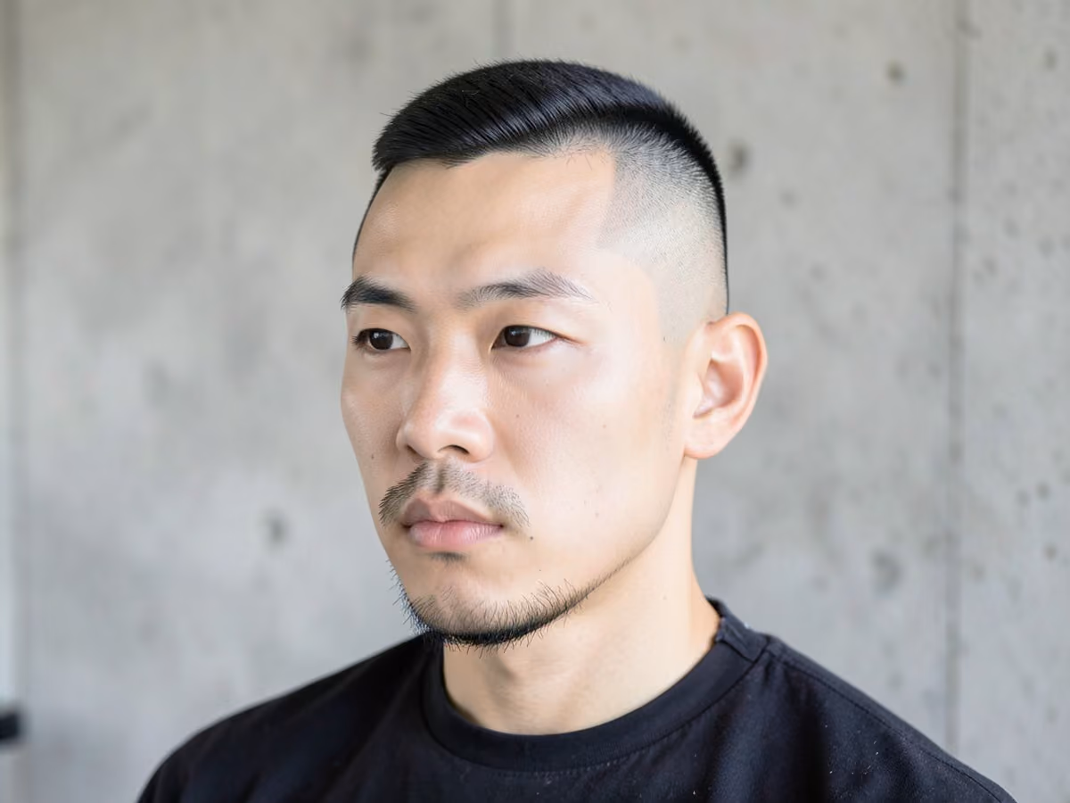 Man with a shaved sideburns haircut