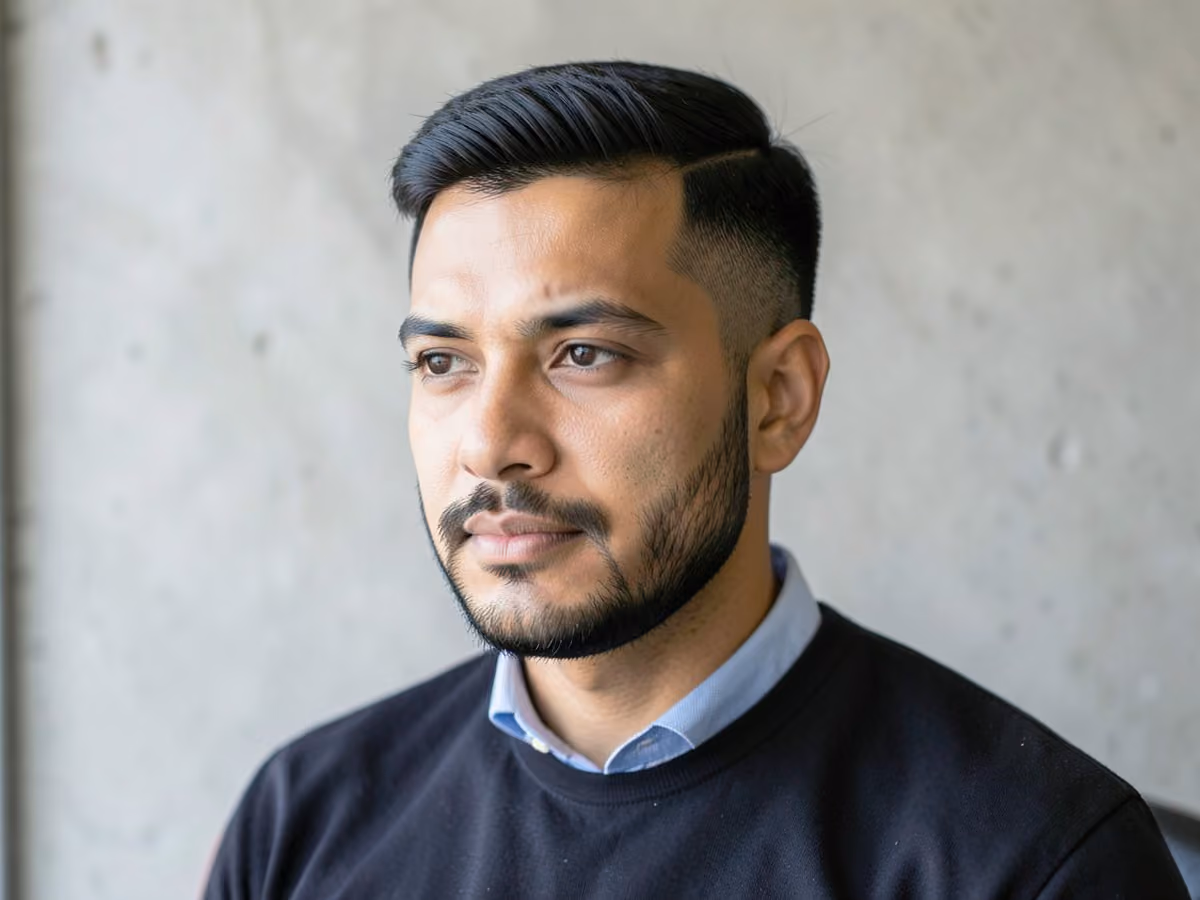 Man with a squared sideburns haircut