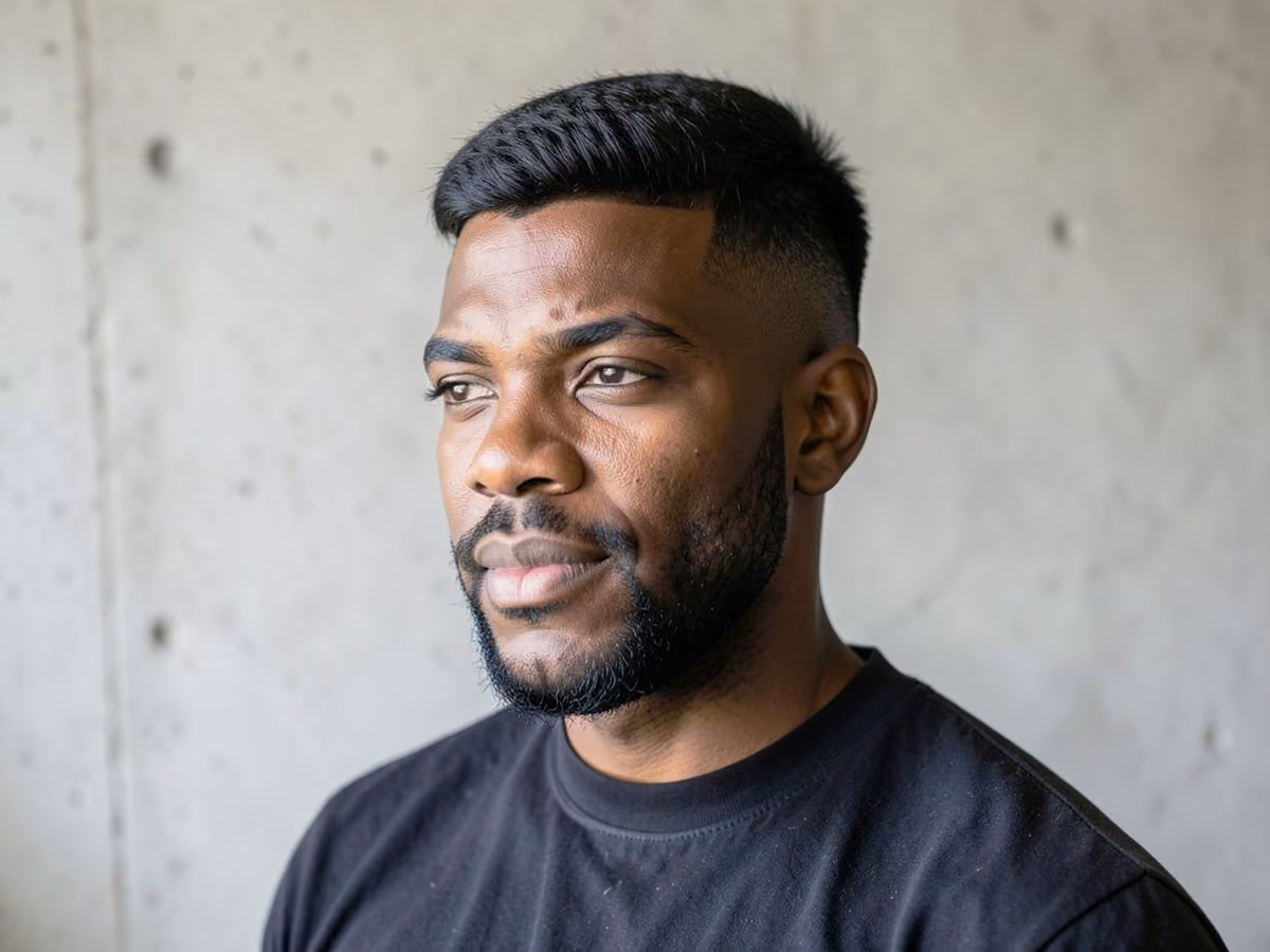 Man with a thick hair skater cut