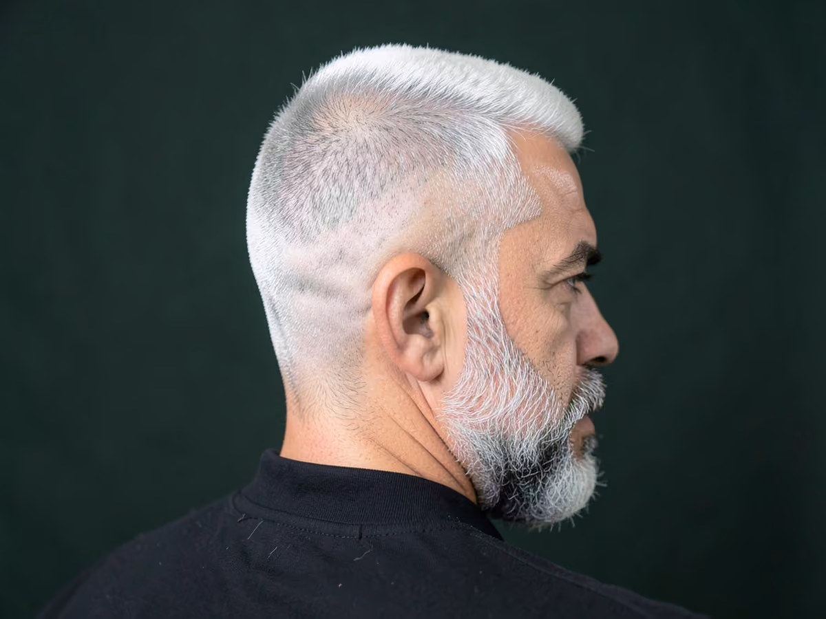 Man with a platinum buzz cut with skin fade