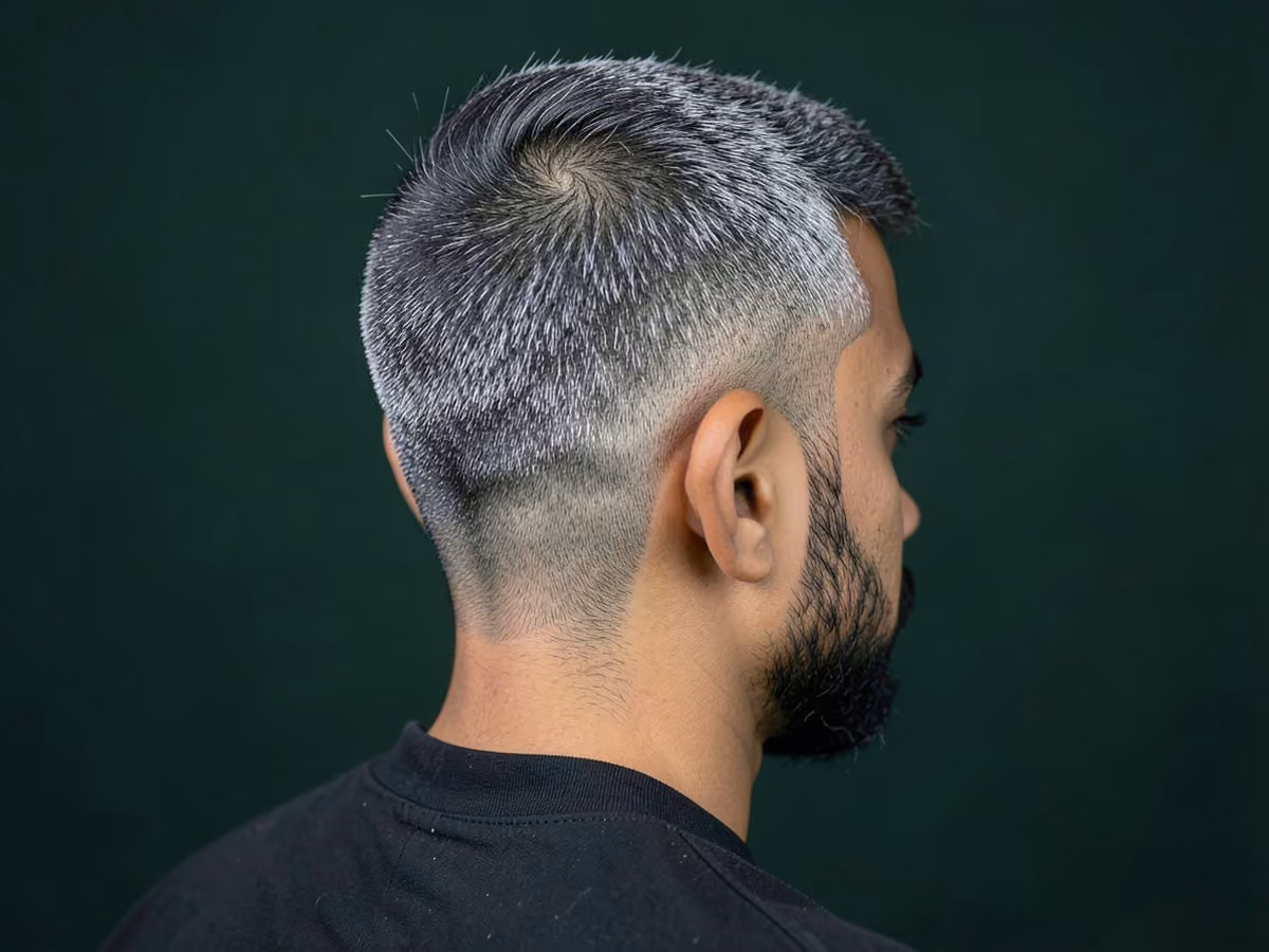 Man with a salt and pepper skin fade