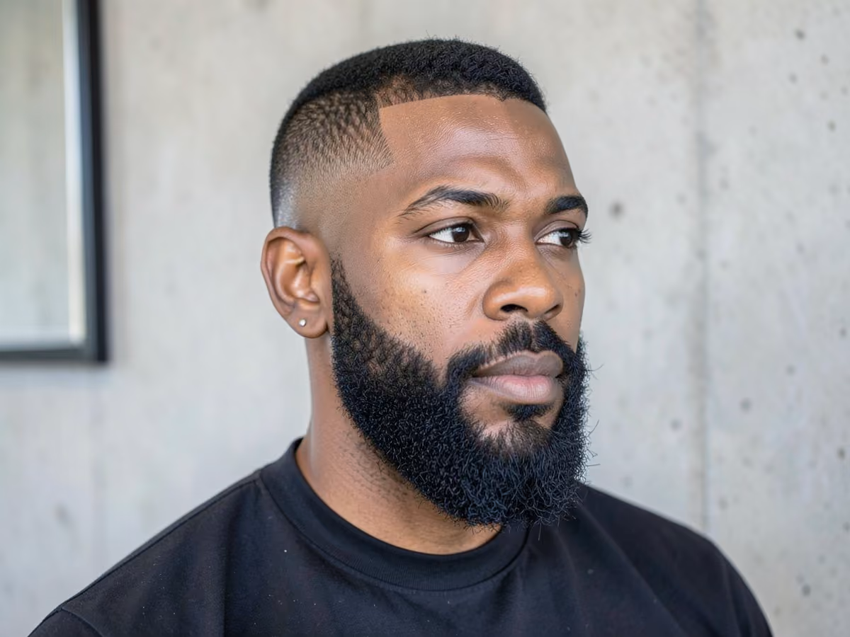 Man with a skin fade buzz cut with beard