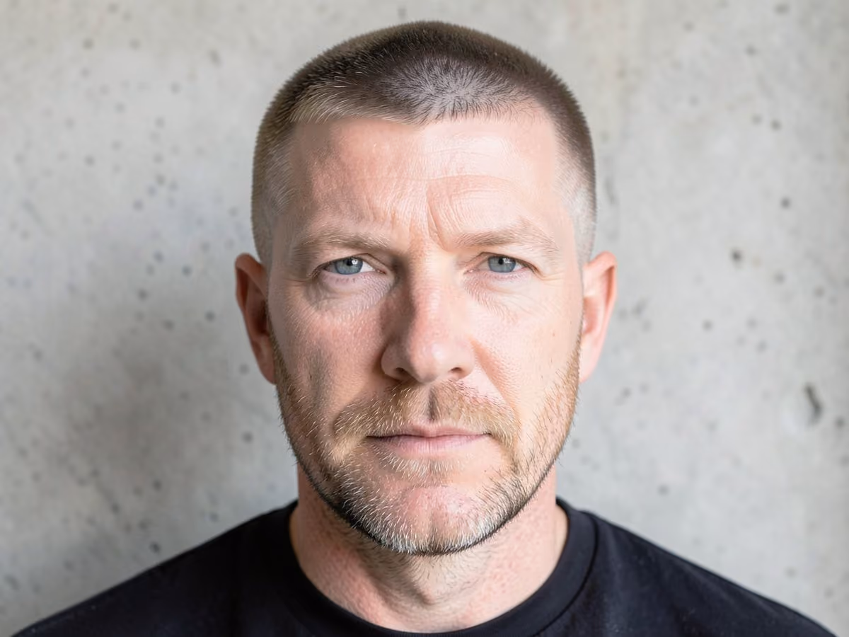 Man with a skin fade caesar cut