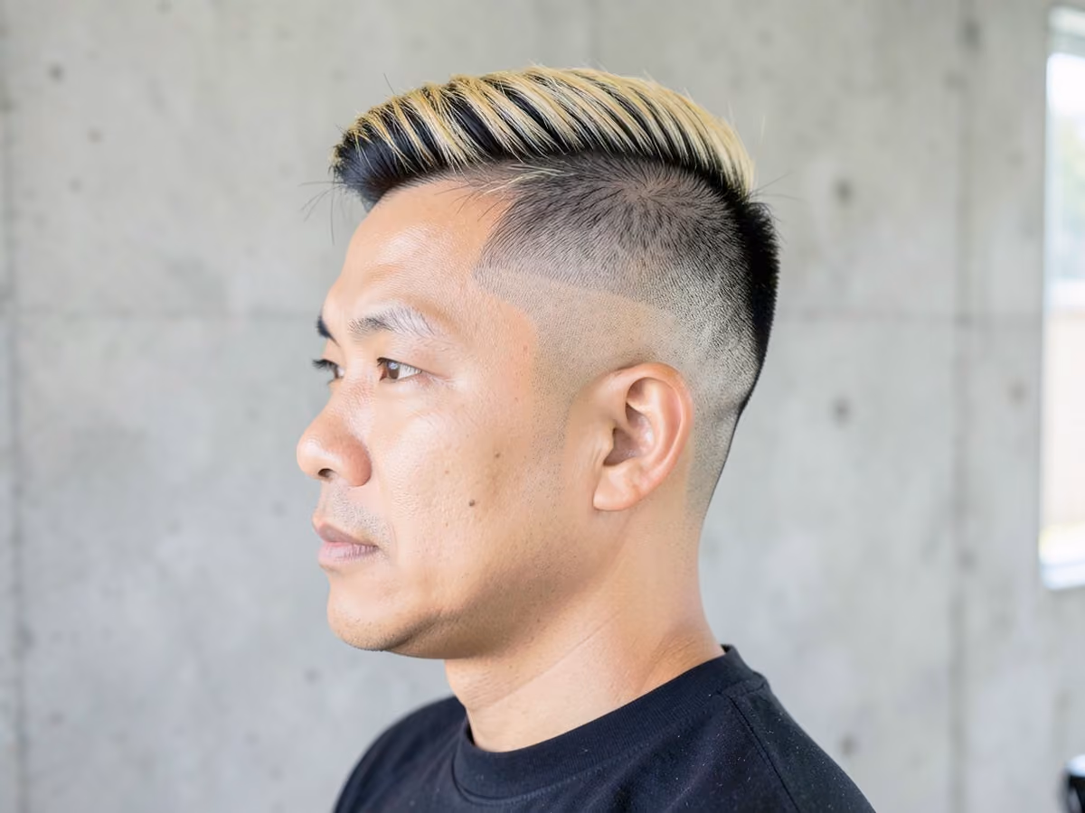 Man with a skin fade with blonde highlights