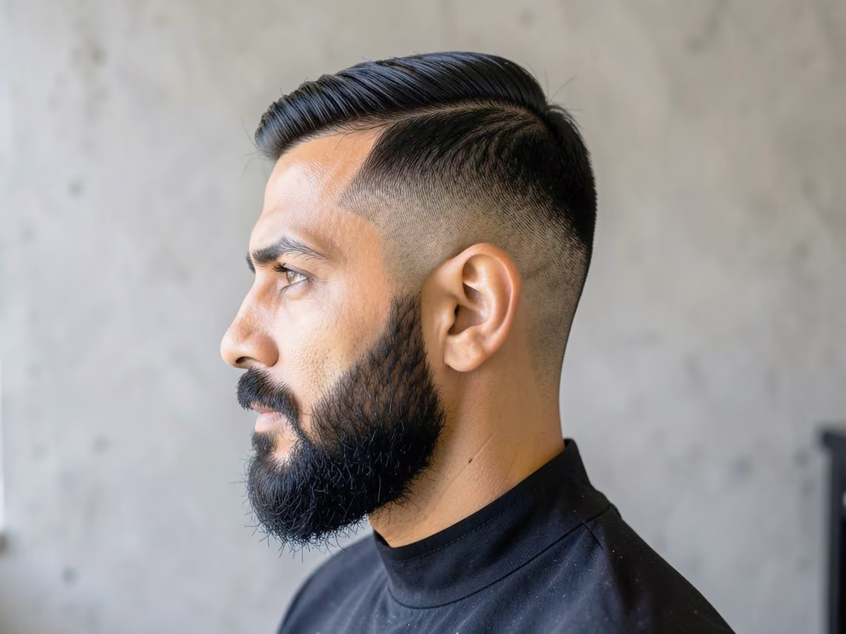 Man with a footballer side part with taper