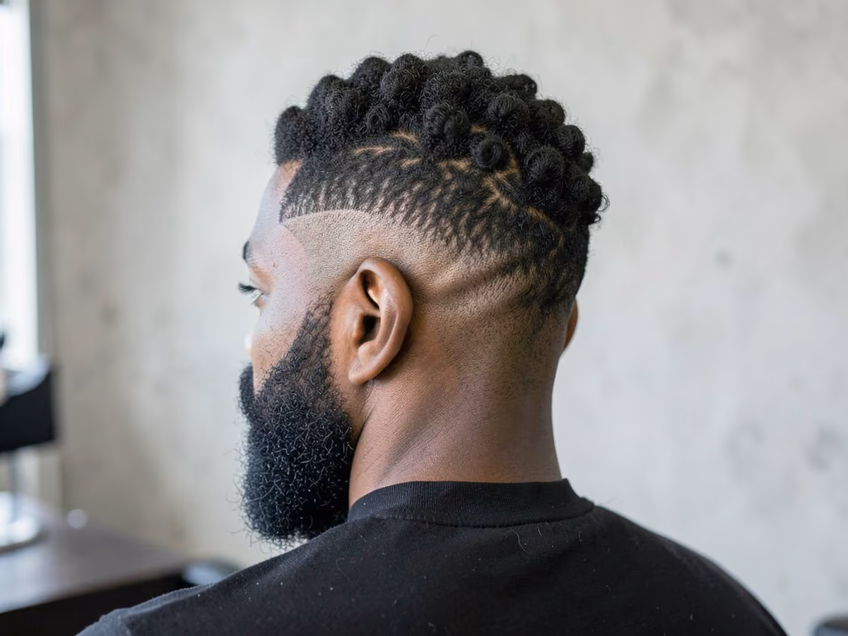 Man with a footballer sponge twists with burst fade