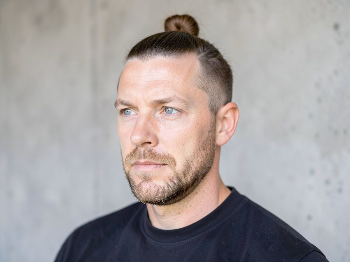 Man with a soccer half up bun haircut