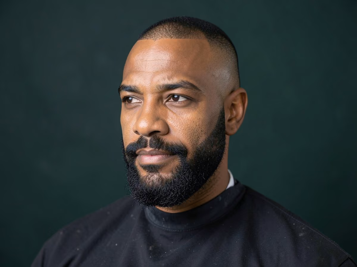 Man with a thierry henry shaved head with beard haircut