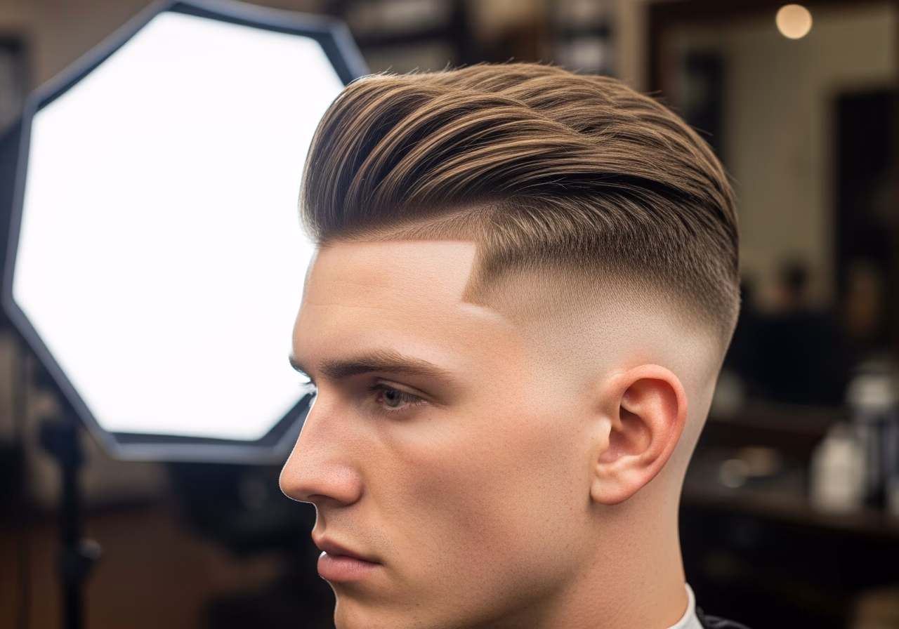 Angular Fringe with Fade hairstyle for men 2026 — haircuts for square faces variation, best for square faces + straight hair, modern barbering by Master Stylist Jessica Hamilton