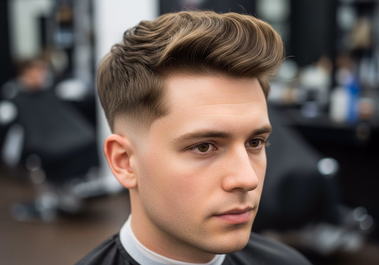Blowout Taper hairstyle for men 2026 — haircuts for square faces variation, best for square faces + fine hair, modern barbering by Master Stylist Jessica Hamilton