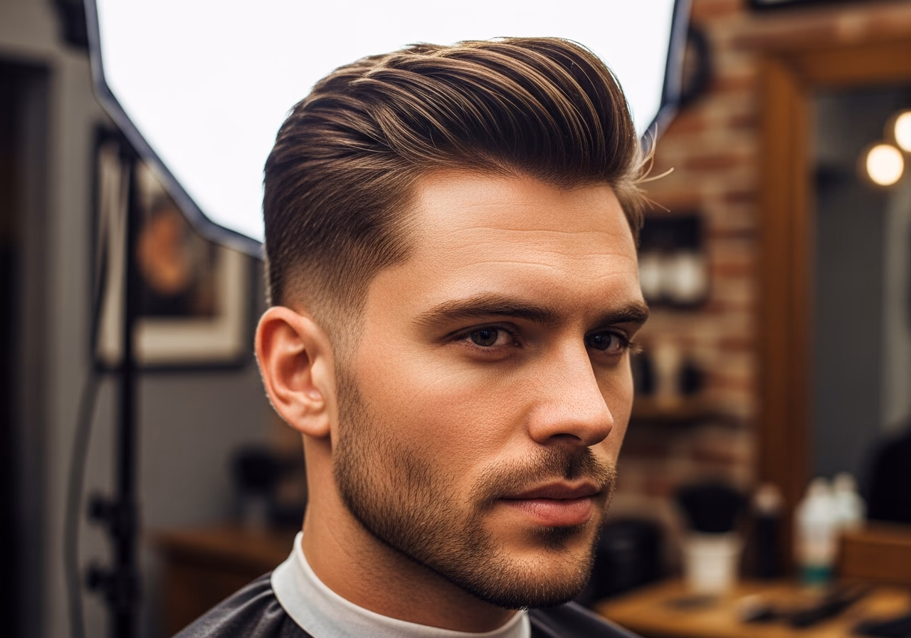 Clean Side Part with Volume hairstyle for men 2026 — haircuts for square faces variation, best for square faces + straight hair, modern barbering by Master Stylist Jessica Hamilton