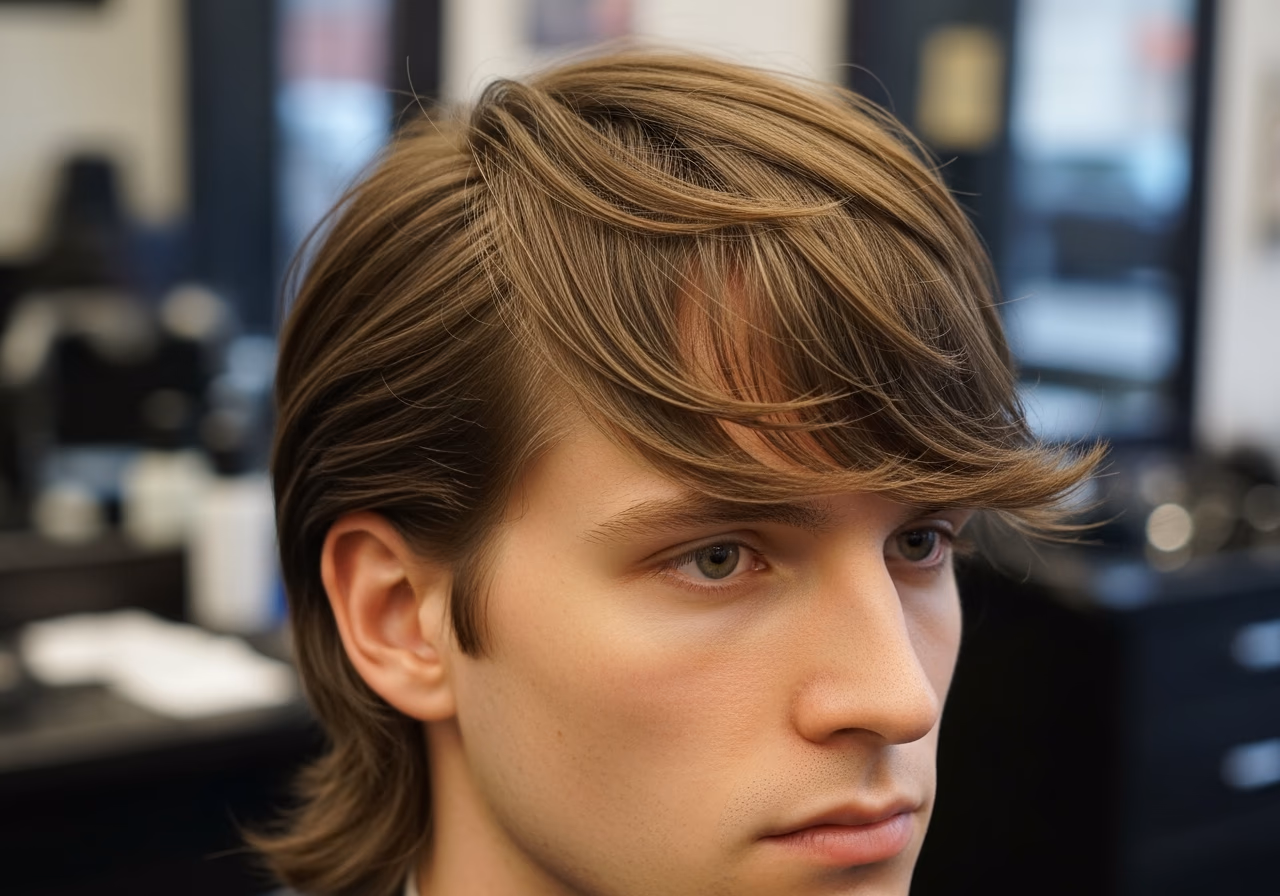 Curtain Bangs with Layers hairstyle for men 2026 — haircuts for square faces variation, best for square faces + straight or wavy hair, modern barbering by Master Stylist Jessica Hamilton