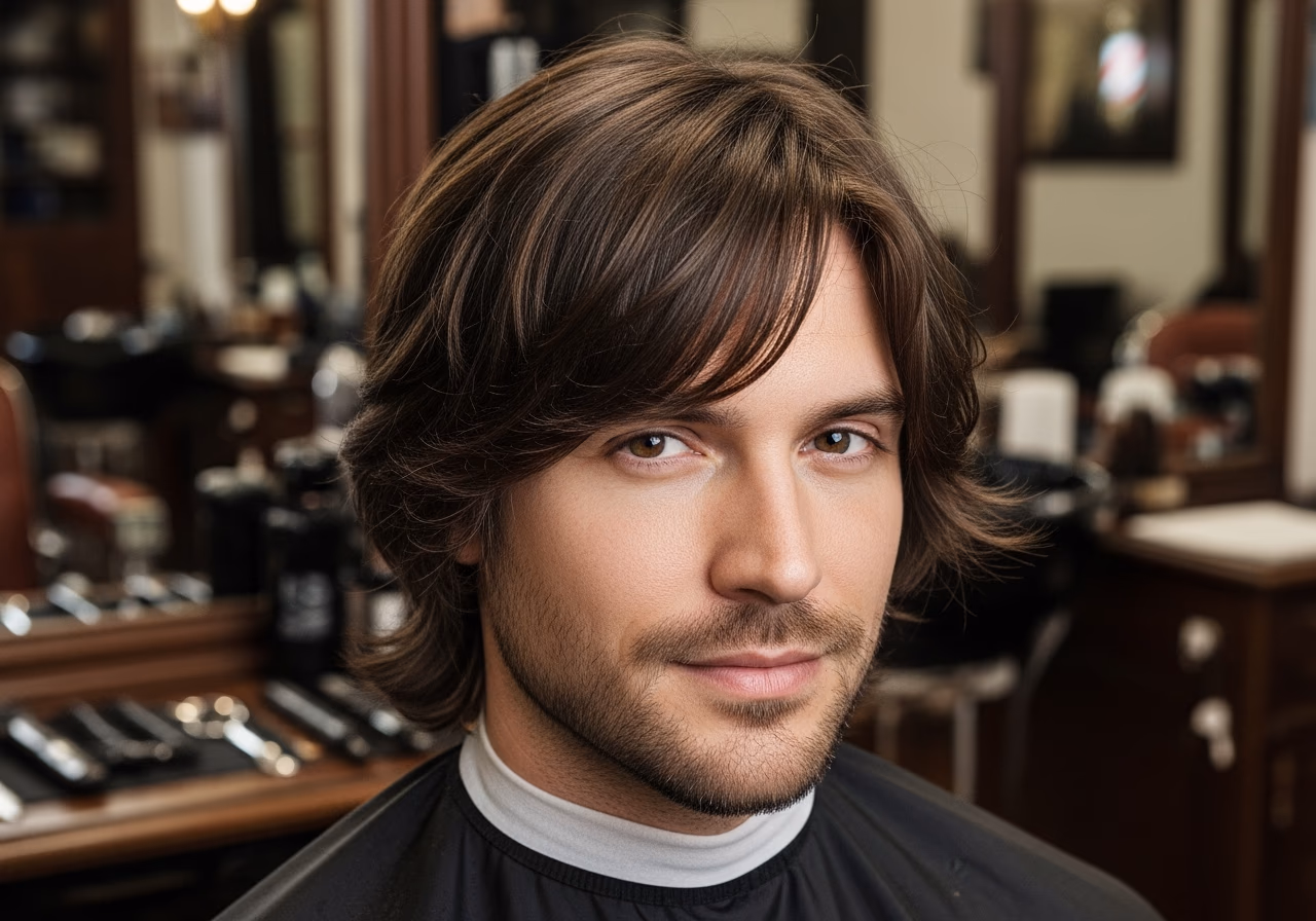 Curtain Bangs Medium hairstyle for men 2026 — haircuts for square faces variation, best for square faces + straight or wavy hair, modern barbering by Master Stylist Jessica Hamilton