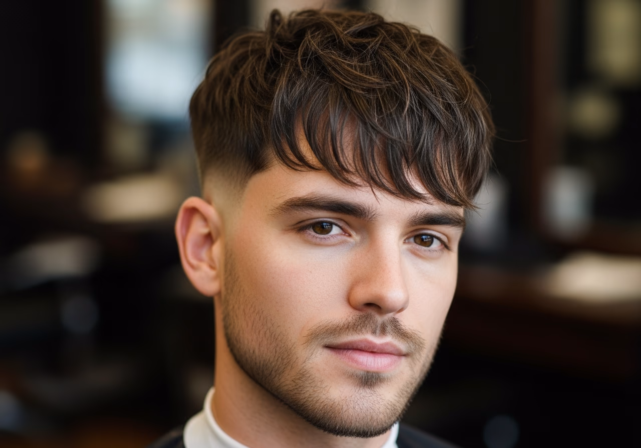 Messy Fringe hairstyle for men 2026 — haircuts for square faces variation, best for square faces + all hair types, modern barbering by Master Stylist Jessica Hamilton