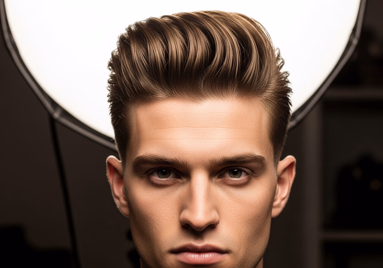 Modern Pompadour hairstyle for men 2026 — haircuts for square faces variation, best for square faces + straight hair, modern barbering by Master Stylist Jessica Hamilton