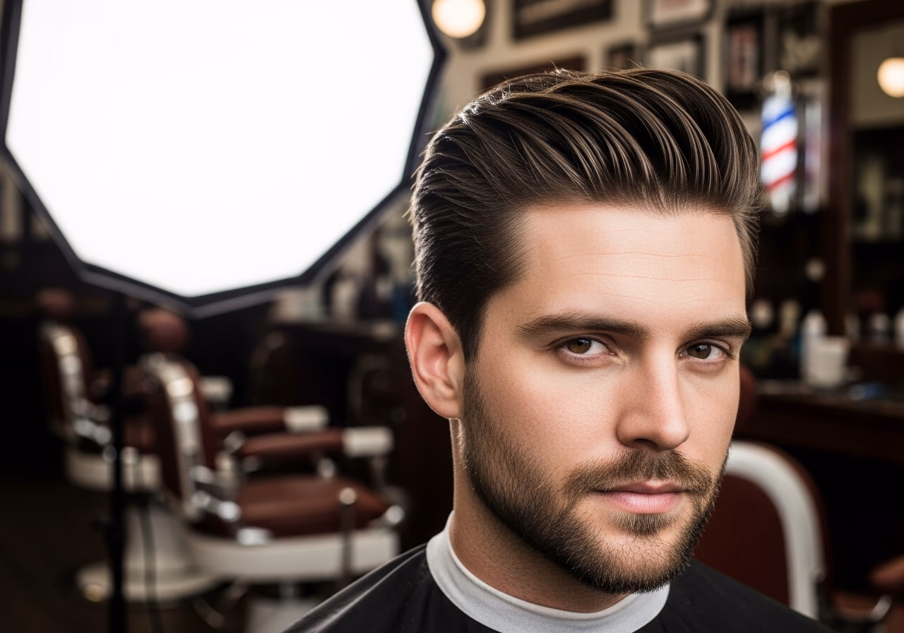 Slicked Back with Texture hairstyle for men 2026 — haircuts for square faces variation, best for square faces + straight hair, modern barbering by Master Stylist Jessica Hamilton