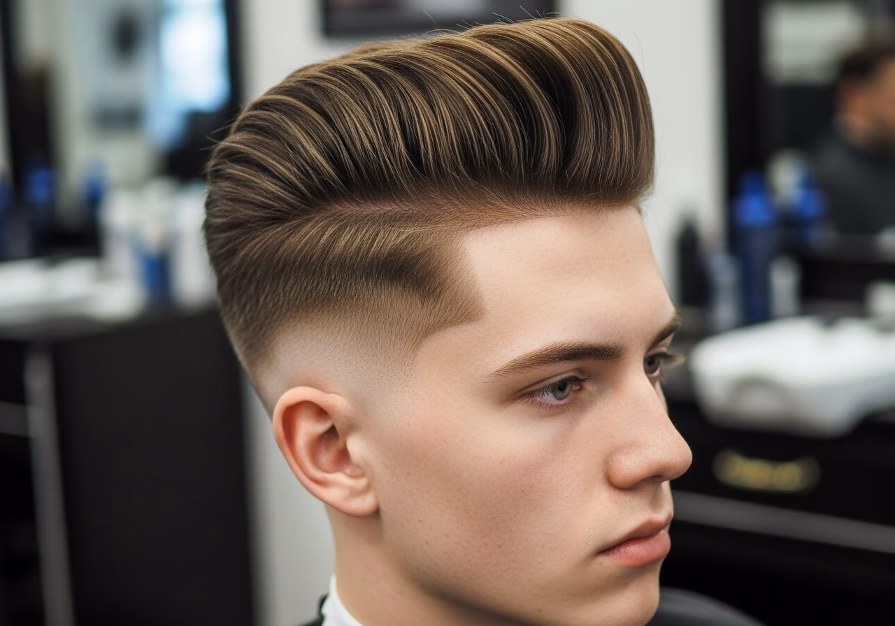 Textured Pompadour hairstyle for men 2026 — haircuts for square faces variation, best for square faces + straight or wavy hair, modern barbering by Master Stylist Jessica Hamilton