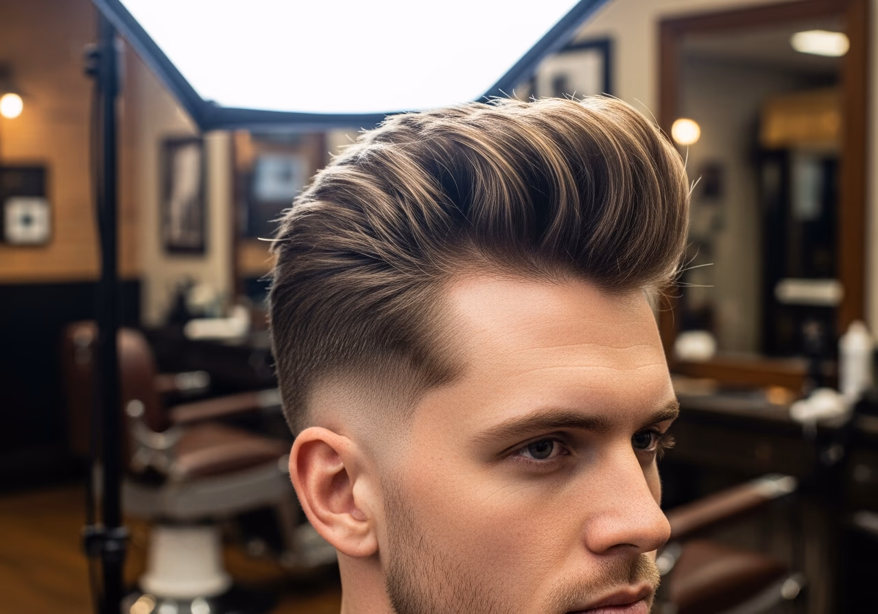 Volume Quiff hairstyle for men 2026 — haircuts for square faces variation, best for square faces + fine hair, modern barbering by Master Stylist Jessica Hamilton