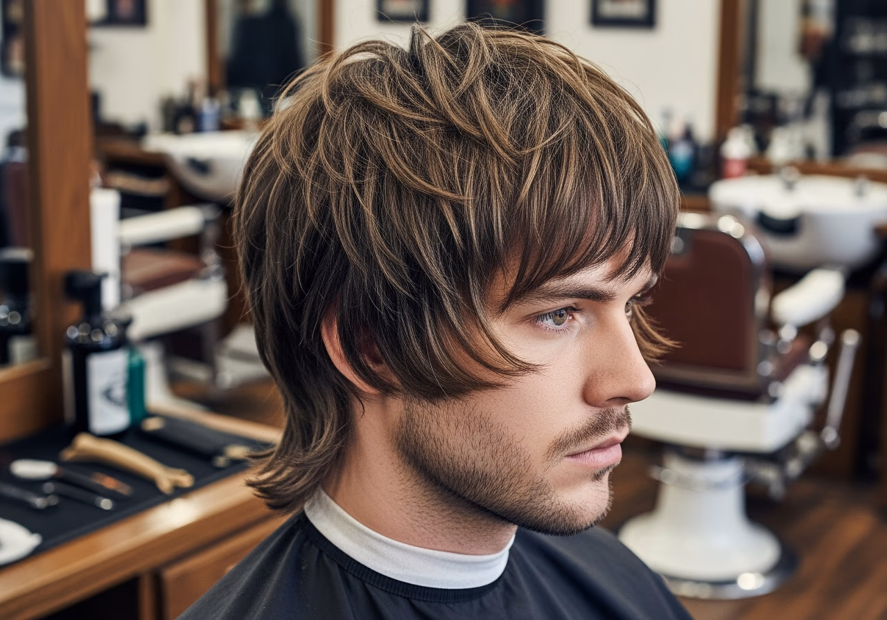Wolf Cut hairstyle for men 2026 — haircuts for square faces variation, best for square faces + wavy or thick hair, modern barbering by Master Stylist Jessica Hamilton