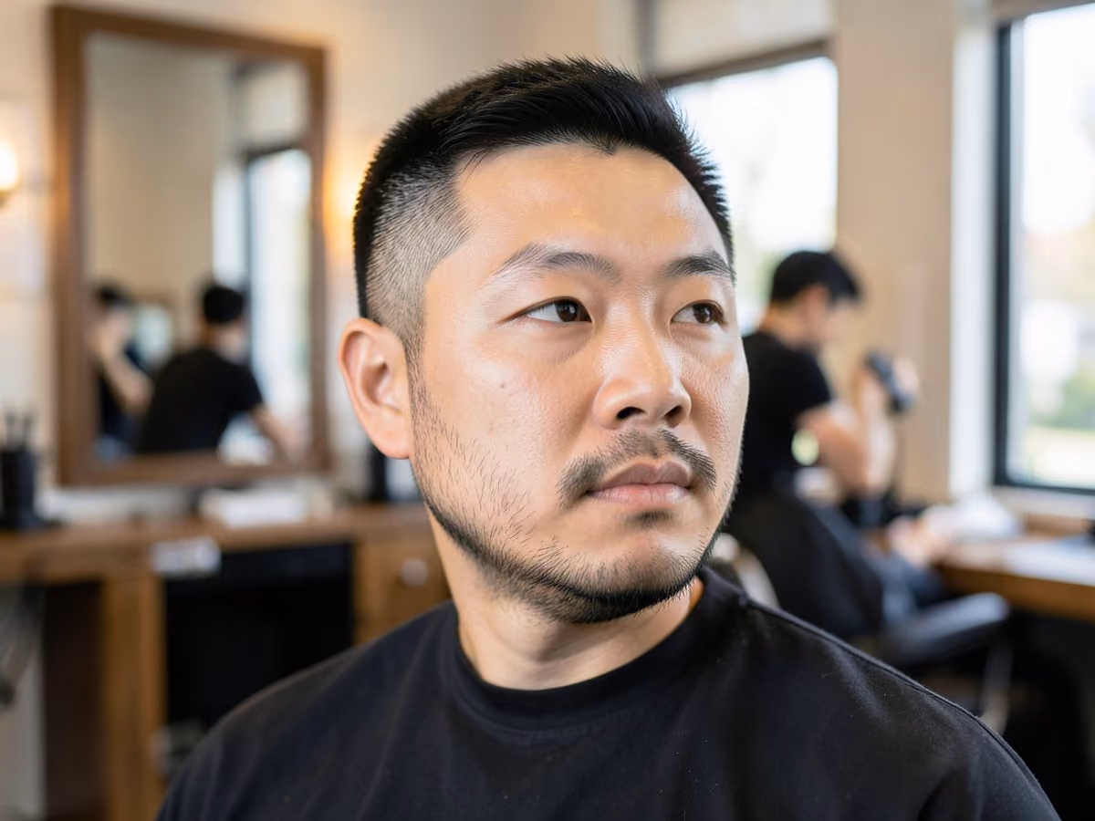 Man with a natural edge stubble haircut