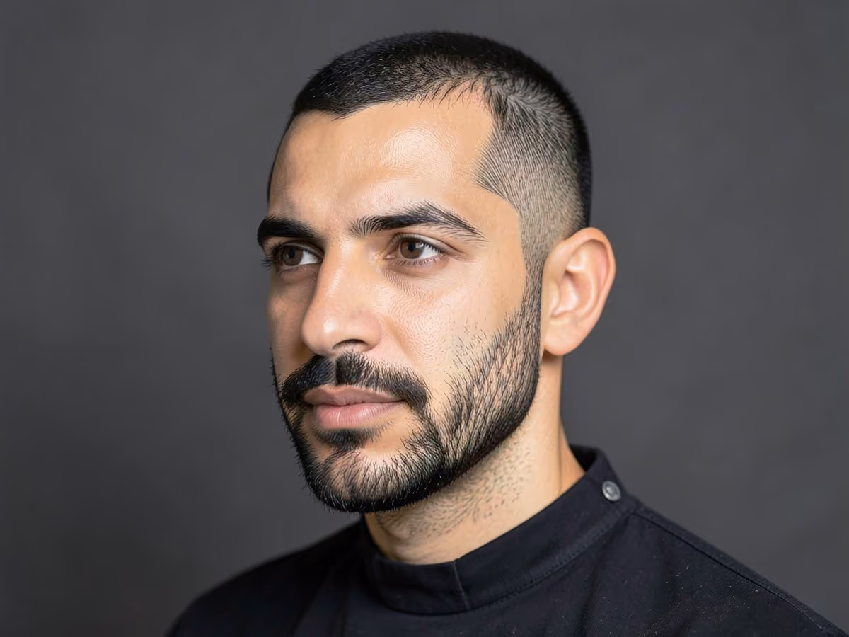 Man with a stubble with sharp cheek line haircut