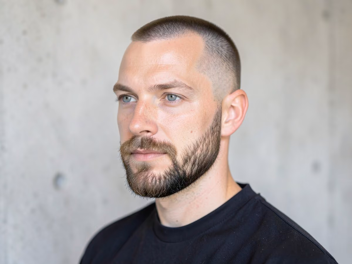 Man with a short boxed beard with crew cut