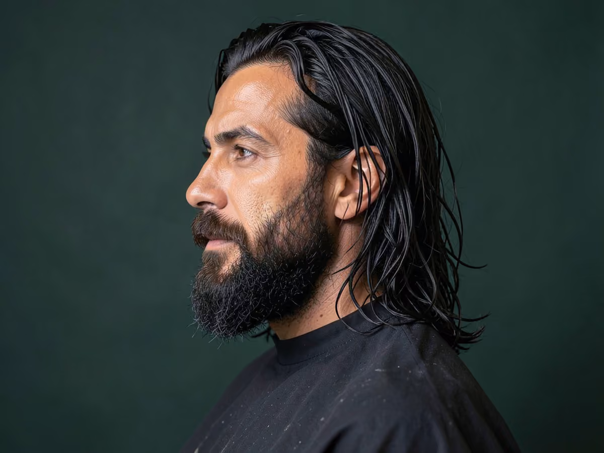 Man with a shoulder length surfer hair