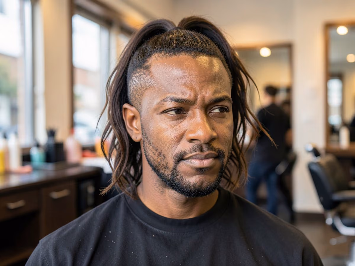 Man with a surfer ponytail haircut