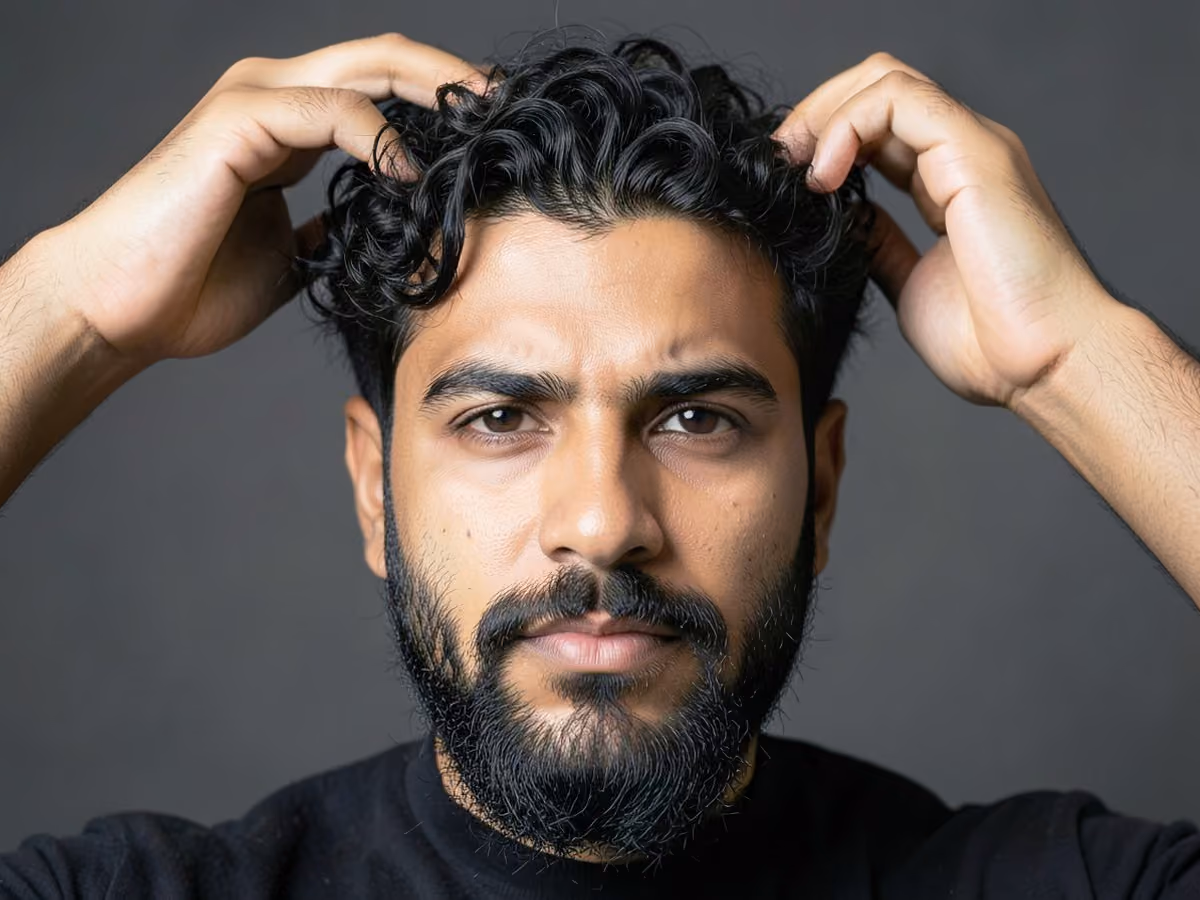 Man with a curly takuache cut