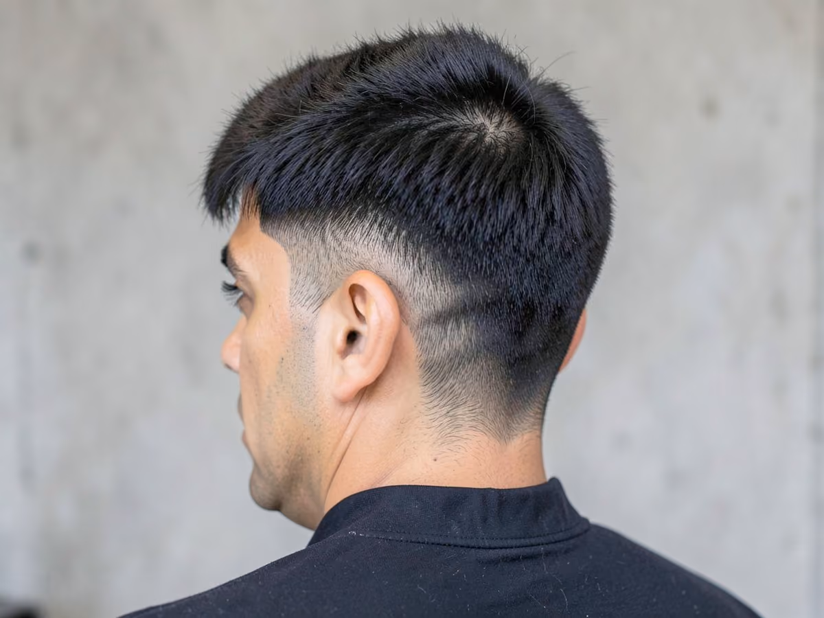 Man with a takuache cut with blunt fringe