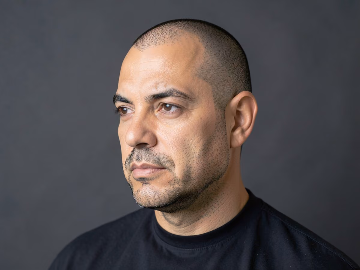 Man with a tape up buzz cut
