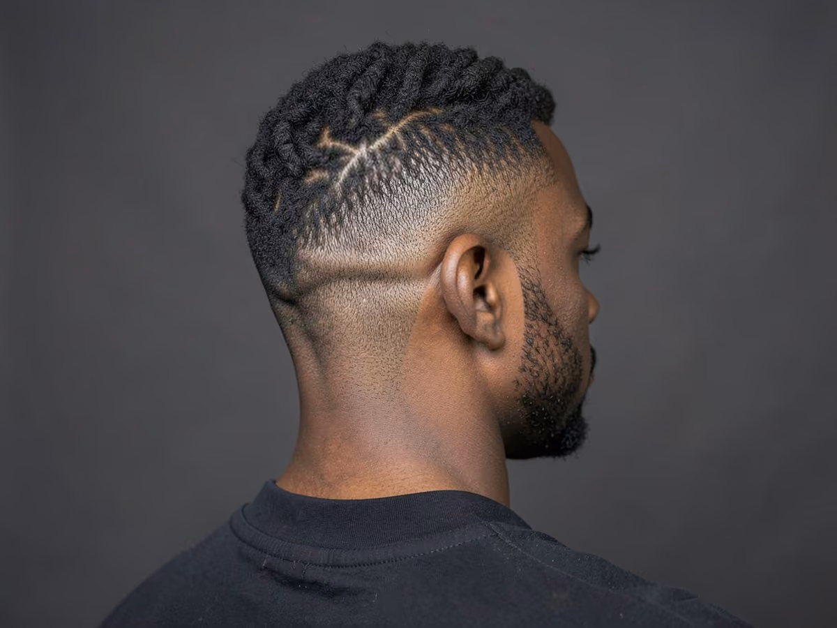 Man with a tape up for black men haircut