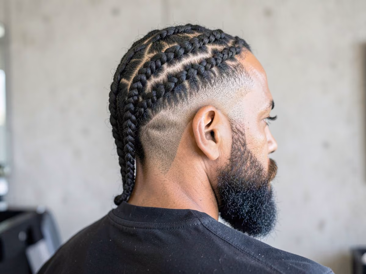 Man with a tape up with box braids haircut