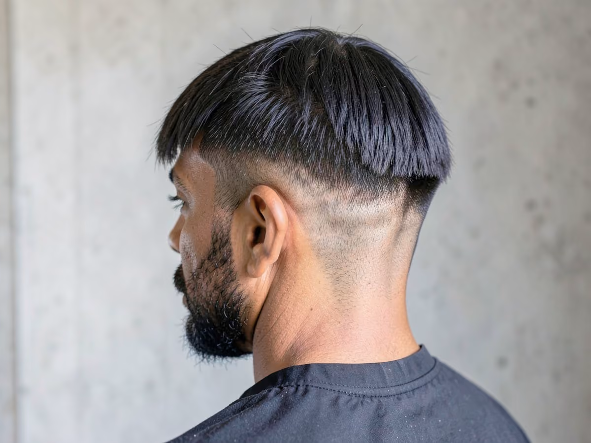 Man with a tape up with fringe haircut