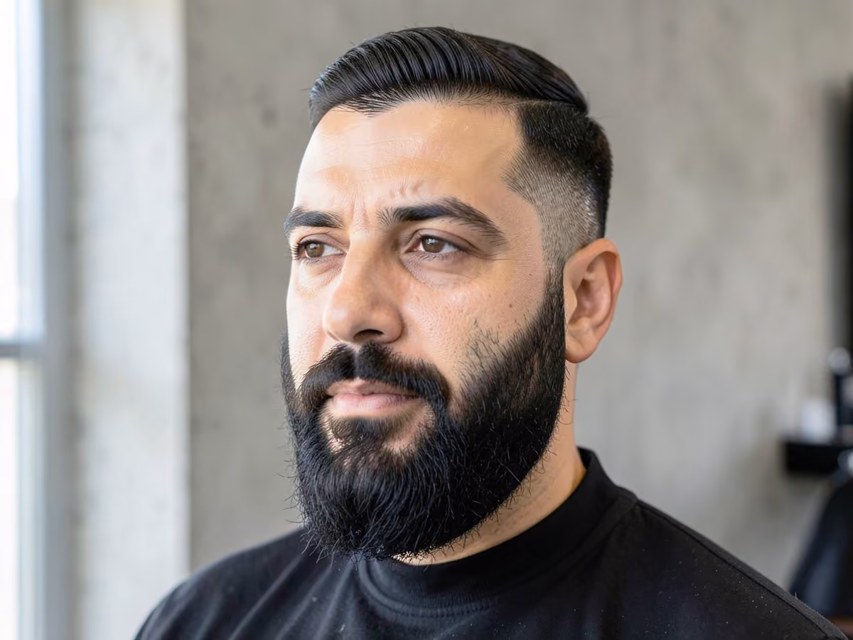 Man with a tape up with full beard haircut