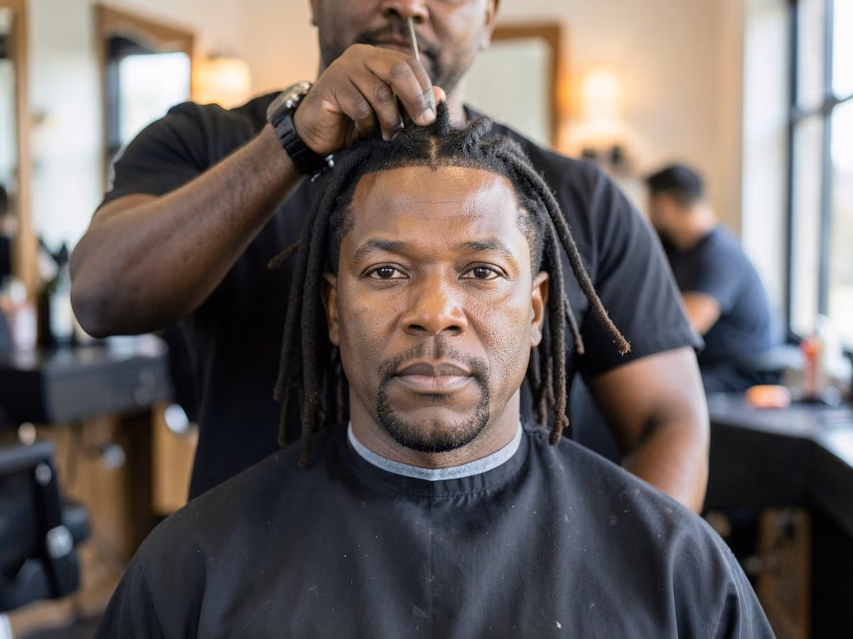 Man with a tape up with locs haircut