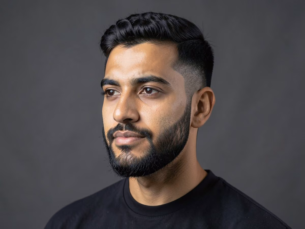 Man with a tape up with short boxed beard haircut