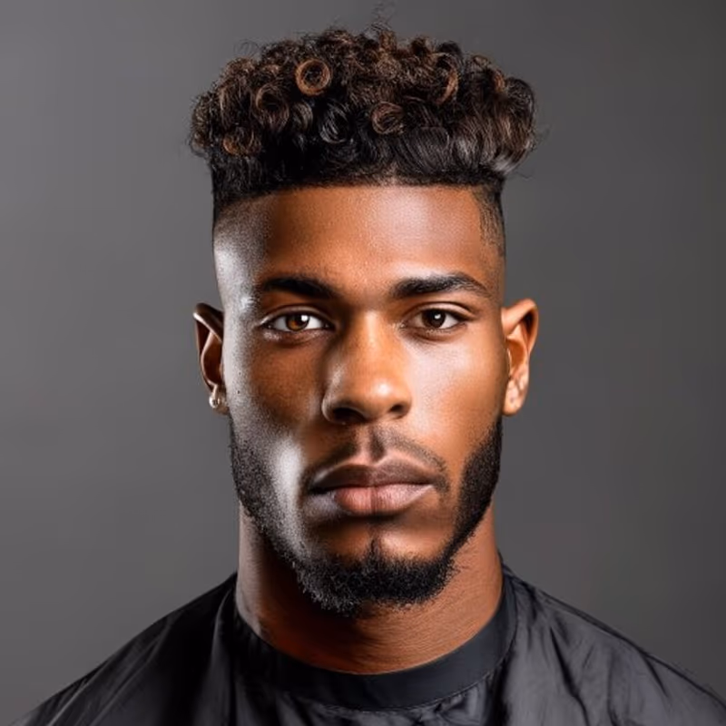 Temple Fade Blowout hairstyle for men 2026 — Temple Fade variation, best for Curly/coily hair wanting volume, modern barbering by Master Stylist Jessica Hamilton