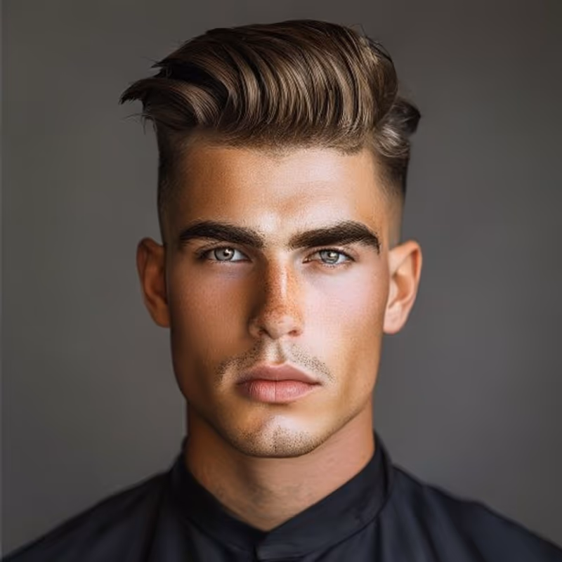Temple Fade Pompadour hairstyle for men 2026 — Temple Fade variation, best for A sharp, voluminous look, modern barbering by Master Stylist Jessica Hamilton