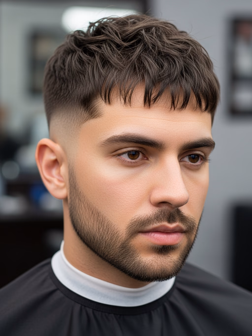 Faded Textured Fringe hairstyle for men 2026 — textured fringe variation, best for heart-shaped faces balancing forehead width, modern barbering by Master Stylist Jessica Hamilton